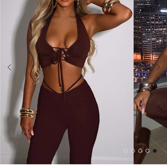 BABY BOO FASHION chocolate brown halter top and lace up flared pants set - Picture 3 of 10